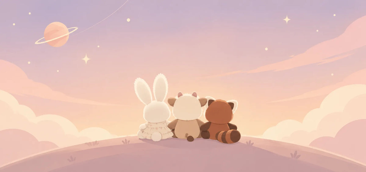 Three cute plush toys, including a white bunny, a tan bear, and a brown raccoon, sitting together on a hill and looking up at a pastel sky with stars and a ringed planet.