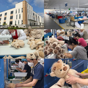A six-panel collage showing the production and assembly of plush stuffed animals in a factory setting. The panels include an exterior view of the factory building, an interior view of the sewing workshop, workers sewing plush toys, stacks of finished stuffed animals, workers wearing protective masks, and a close-up of a person holding a beige plush animal.