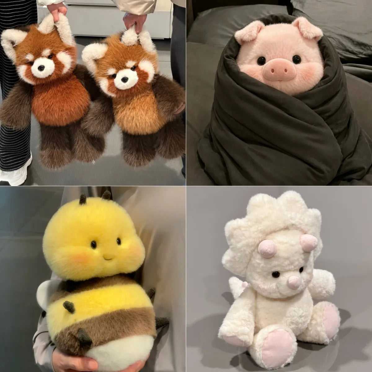 A four-panel collage showing four cute plush toys: two red panda plushies being held, a pink pig plush wrapped in a dark blanket, a yellow-and-brown bee plush held in a hand, and a fluffy white lion plush with pink ears and paws sitting on a gray surface.